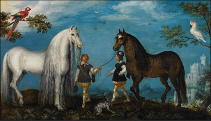 Twee paarden en palfreniers