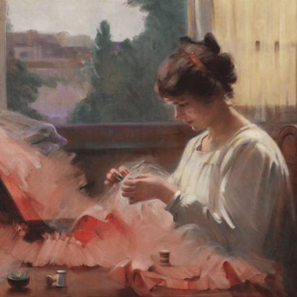 schilderij van jonge vrouw die aan het naaien is